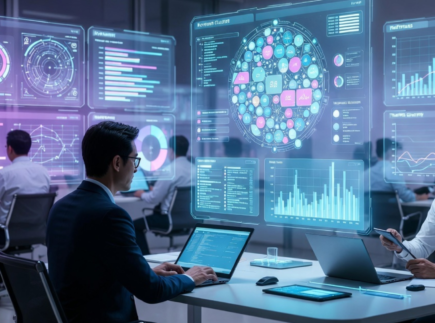 Futuristic AI-powered digital marketing office in 2026