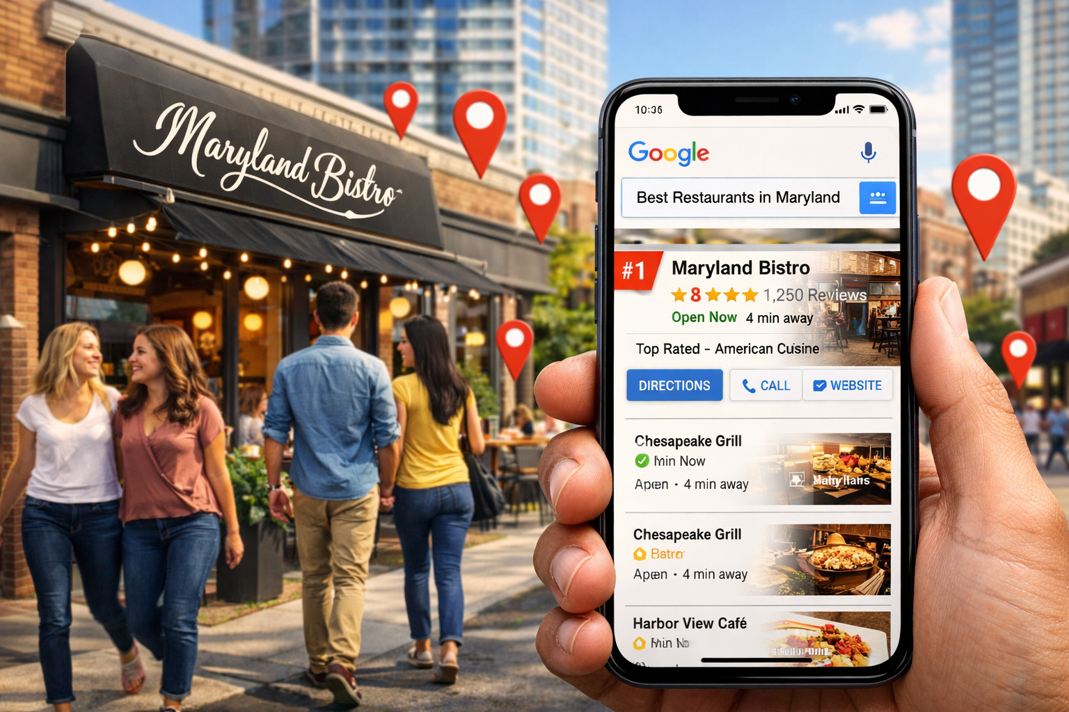 local SEO marketing — the smartphone showing “Maryland Bistro” ranked #1 on Google Maps